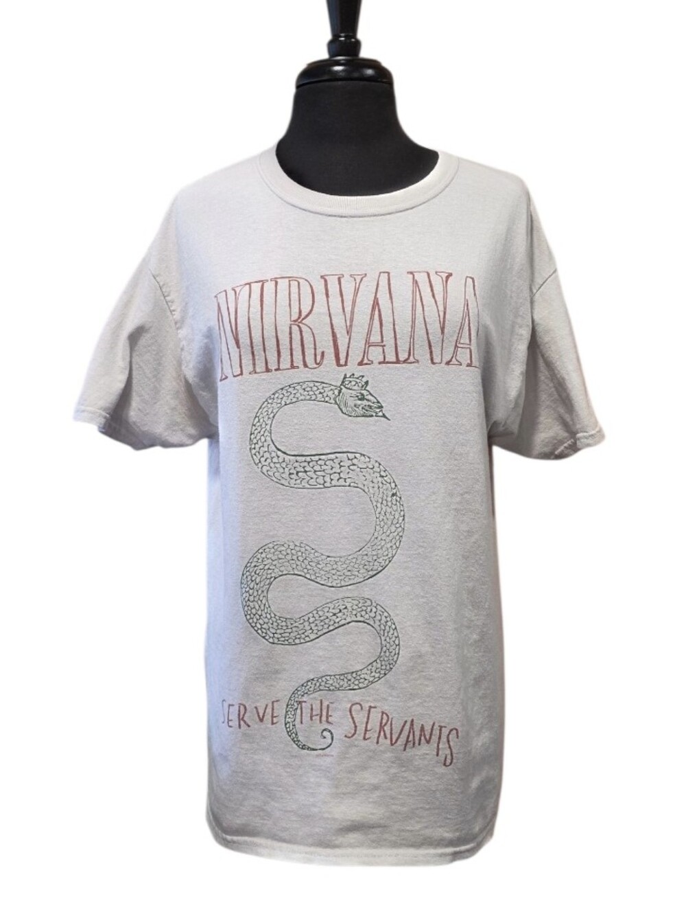 NIRVANA White Short-Sleeve Tee with Red Logo and Green Snake Graphic